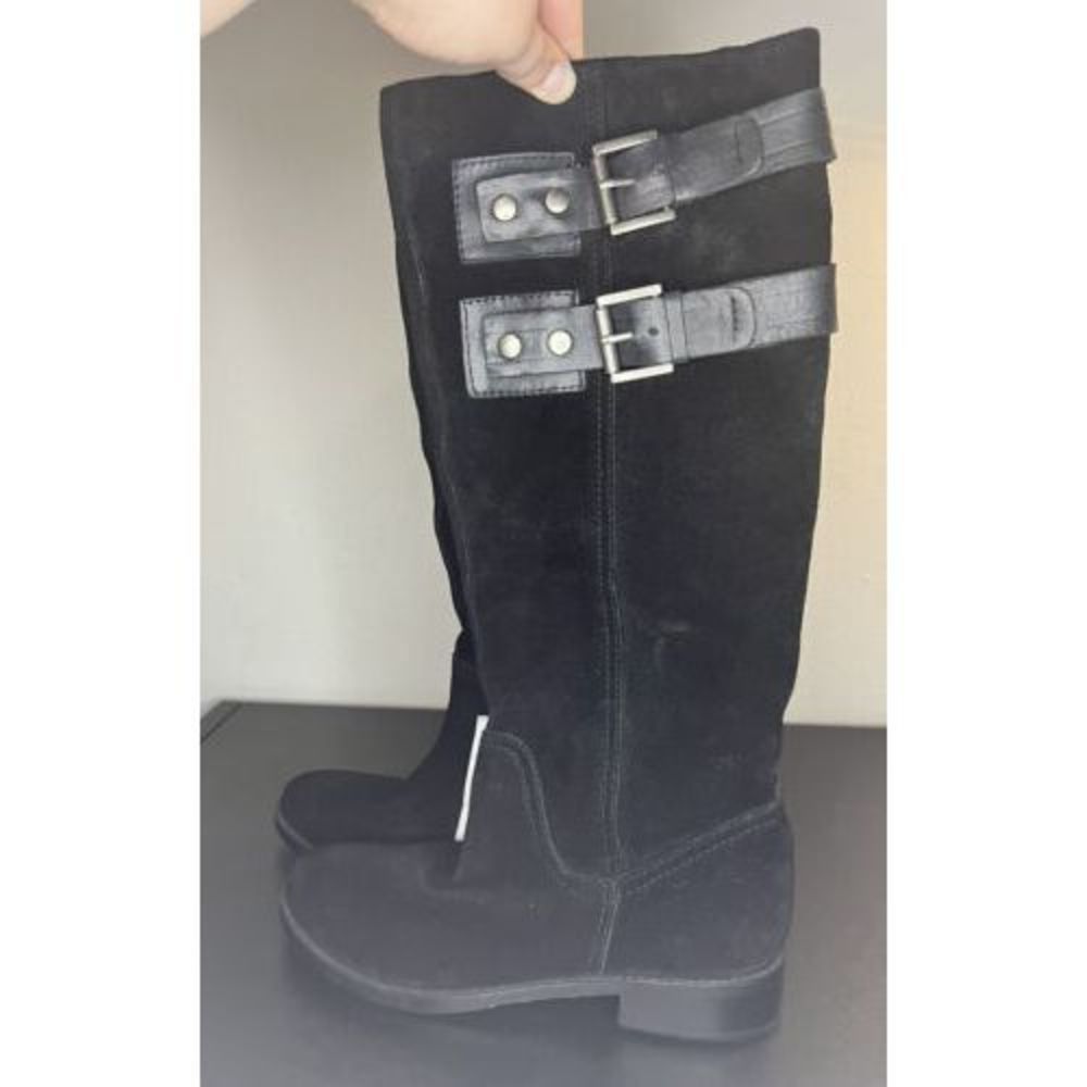 Nine West Womens 5.5 M Tumble Casual Riding Boots Black Leather Buckle Zip NEW